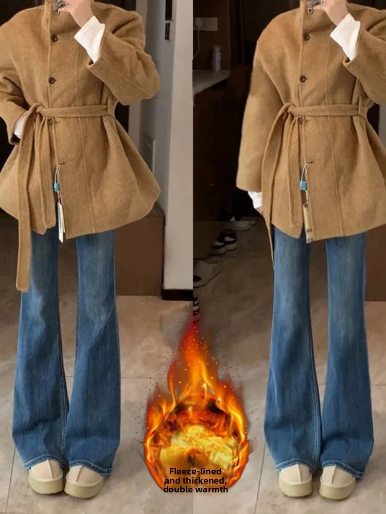 

Расклешенные джинсы в стиле ретро на подкладке, женские утягивающие джинсы с высокой талией, большие размеры, свободные широкие брюки-колокольчики, повседневная одежда