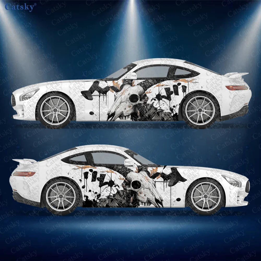 2pcs Demonic Goat & Skull Car Side Decals | Self-Adhesive PVC Waterproof & Scratch-Resistant Stickers, Car Accessory Gift
