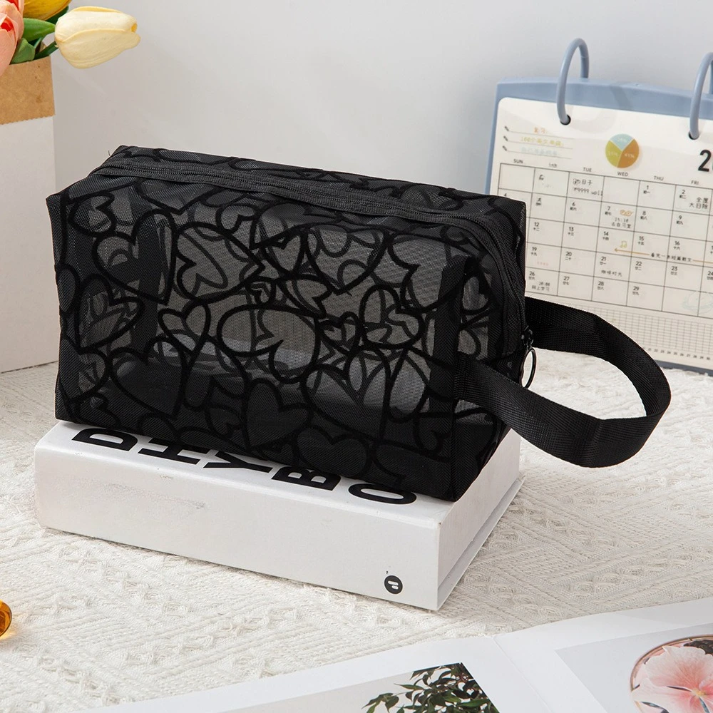 Heart-Shaped Nylon Mesh Cosmetic Bag Portable Toiletry Organizer for Women Makeup Storage