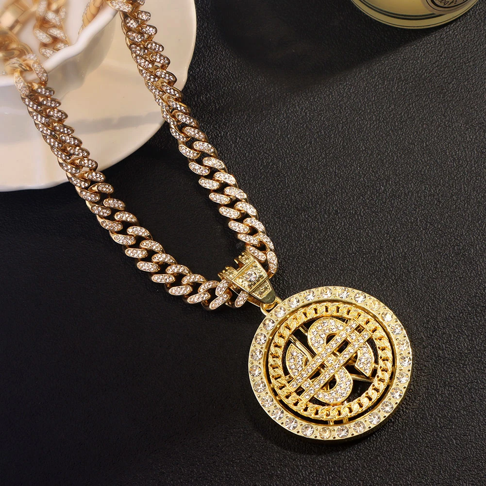 Men Hip Hop Cuban Link Chain Rotatable Dollar Pendant Necklace Iced Out Bling Zircon Stainless Steel Chain Necklaces Jewelry