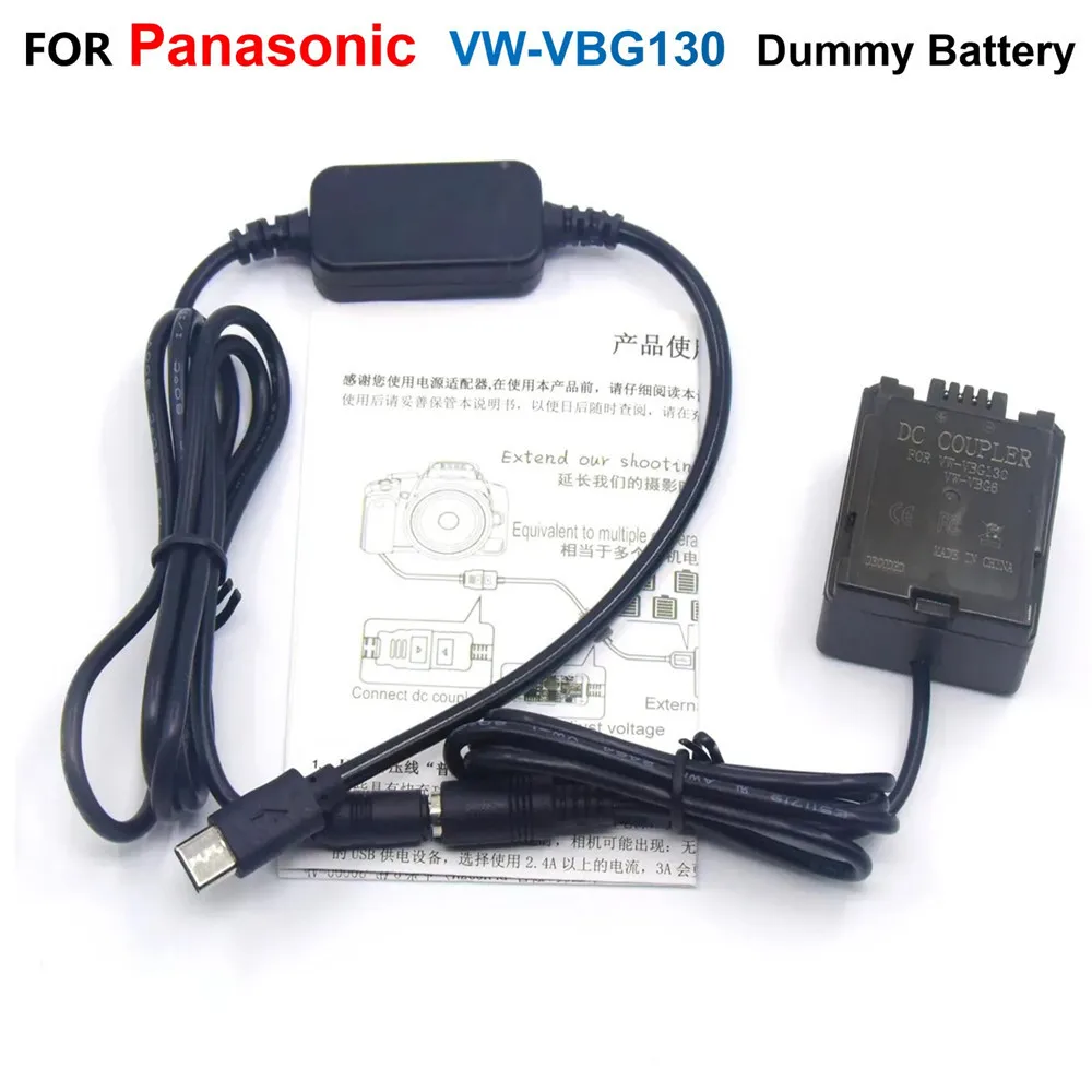 

VW-VBG130 VBG6 Fake Battery USB C Power Adapter PD Cable For Panasonic AG-HMC153MC SD600 TM300 SDR-H20 HDC-SX5 PV-GS80 VDR-D50