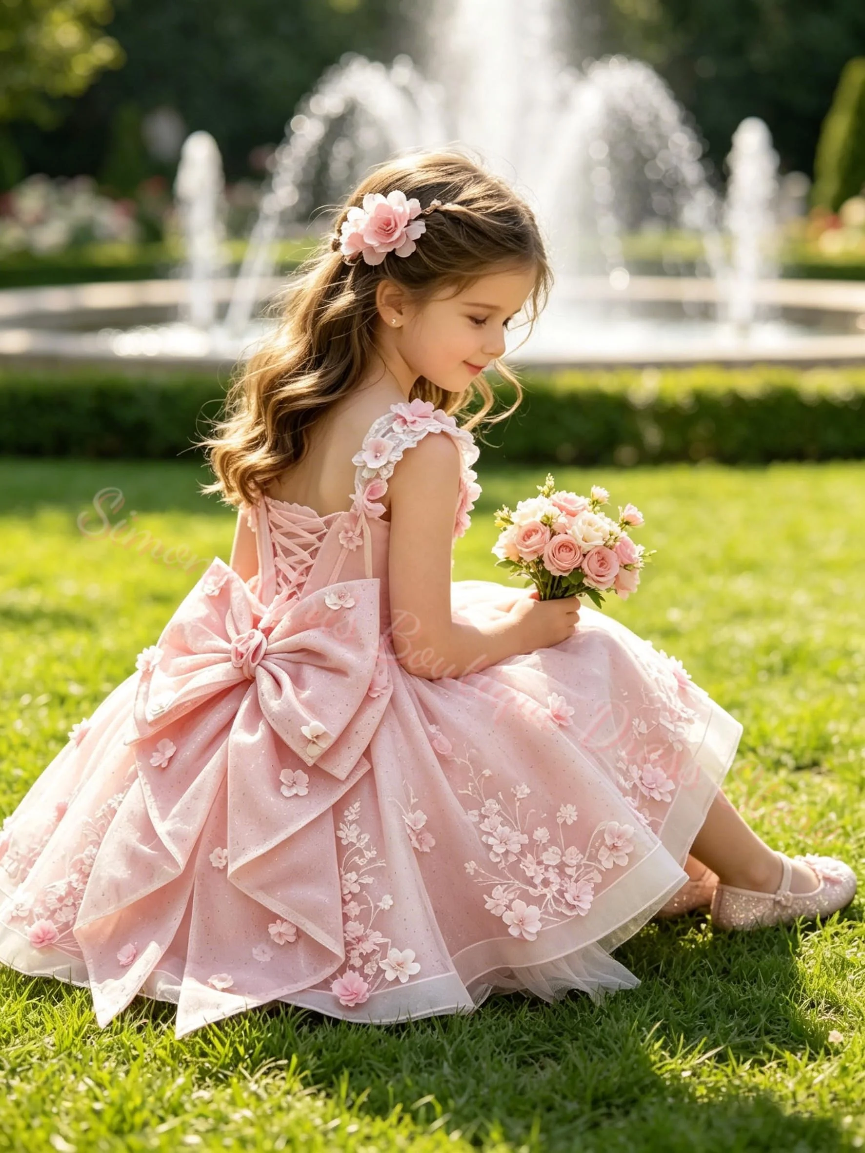 Pink Tulle Flower Girl Dress for Wedding Kids Straps 3D Appliques Glitter Pageant Dress Sweep Train Custom Children's Costume