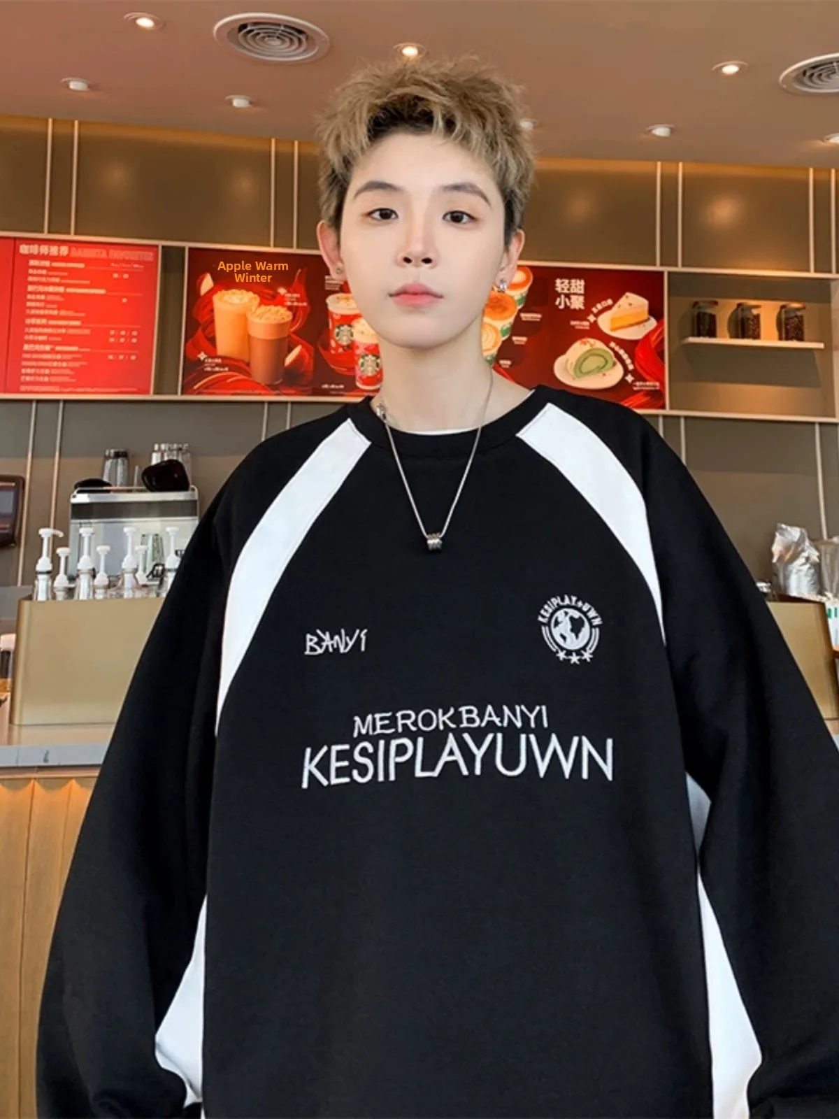 

Модный черный свитшот с круглым вырезом для мужчин, весенне-осенний, в американском ретро-стиле, с цветовыми блоками, повседневный, свободного кроя, спортивный, уличный топ