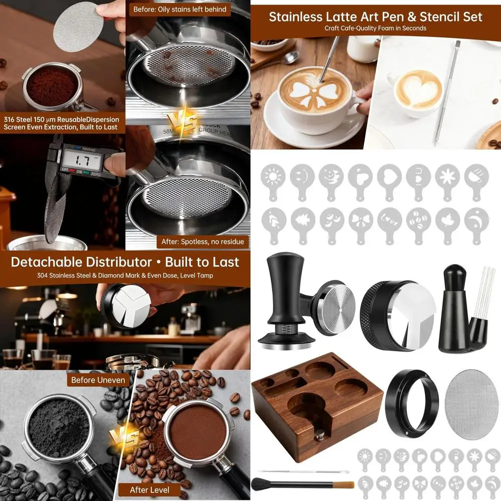 

Espresso Accessory Set: 58mm Tamper, Wooden Tamping Station, Tools, Decorative Stencils & More