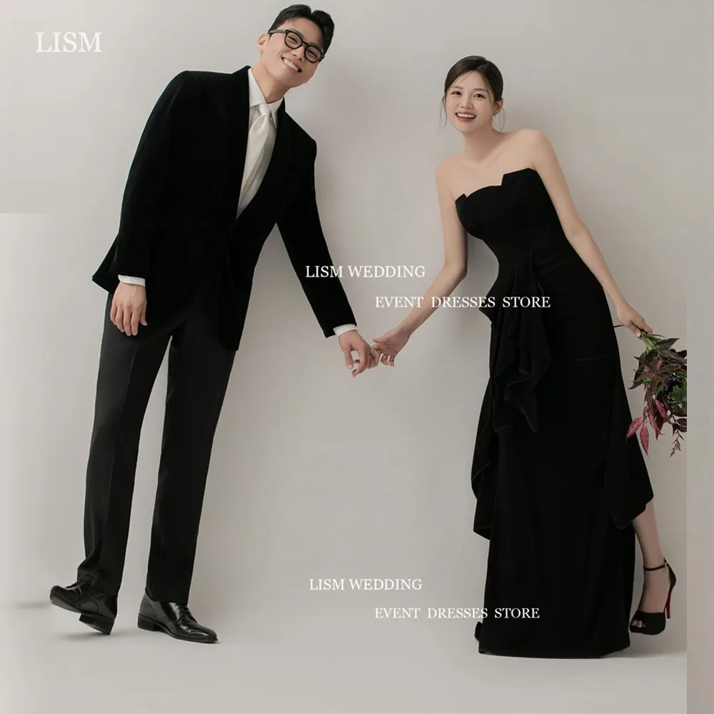 Lism einfache träger lose schwarze Korea Ballkleider Fotoshooting Korsett zurück unregelmäßig boden lange Braut Hochzeit Abendkleider