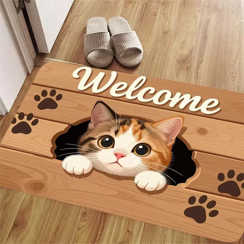 Wooden Crack Tabby Cat Welcome Doormat Cute Kitten Paw Print Design Non Slip Front Door Mat Funny Pet Themed Entry Decor