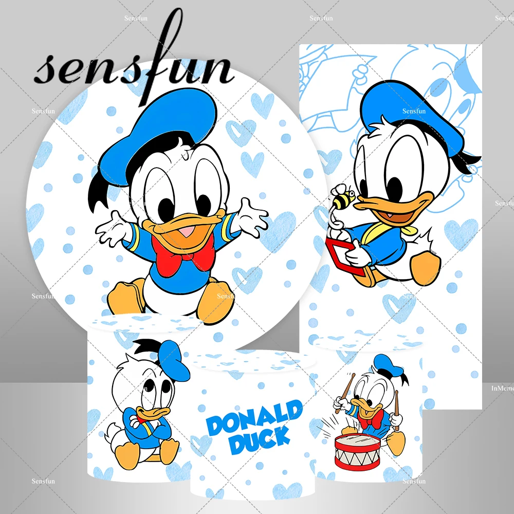 

Cute Baby Donald Duck Round Backdrop Cover for Boys Baby Shower 1st Birthday Party Decor Kids Cartoon Rectangle Backgrounds