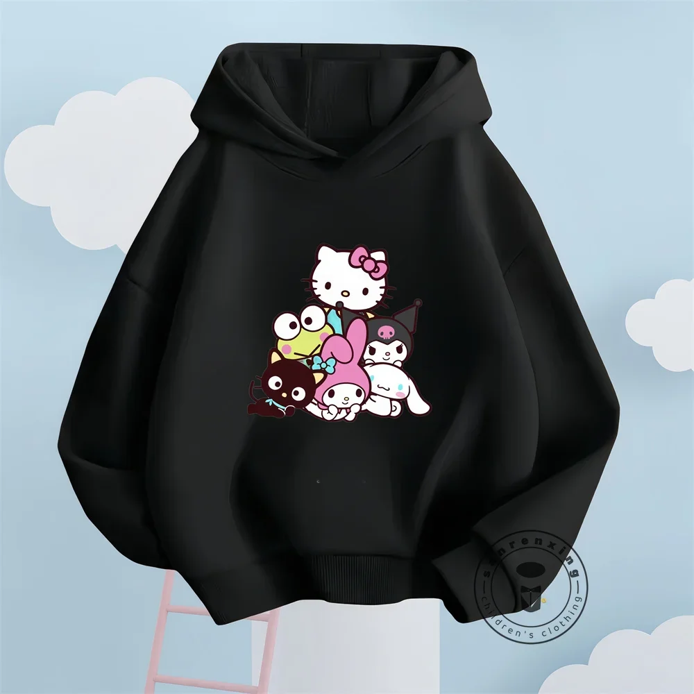 Cheerful Hello Kitty Fashion Hoodies Featuring Solid Colors Vibrant Kawaii Graphics Sanrio Autumn and Winter Tops for Children