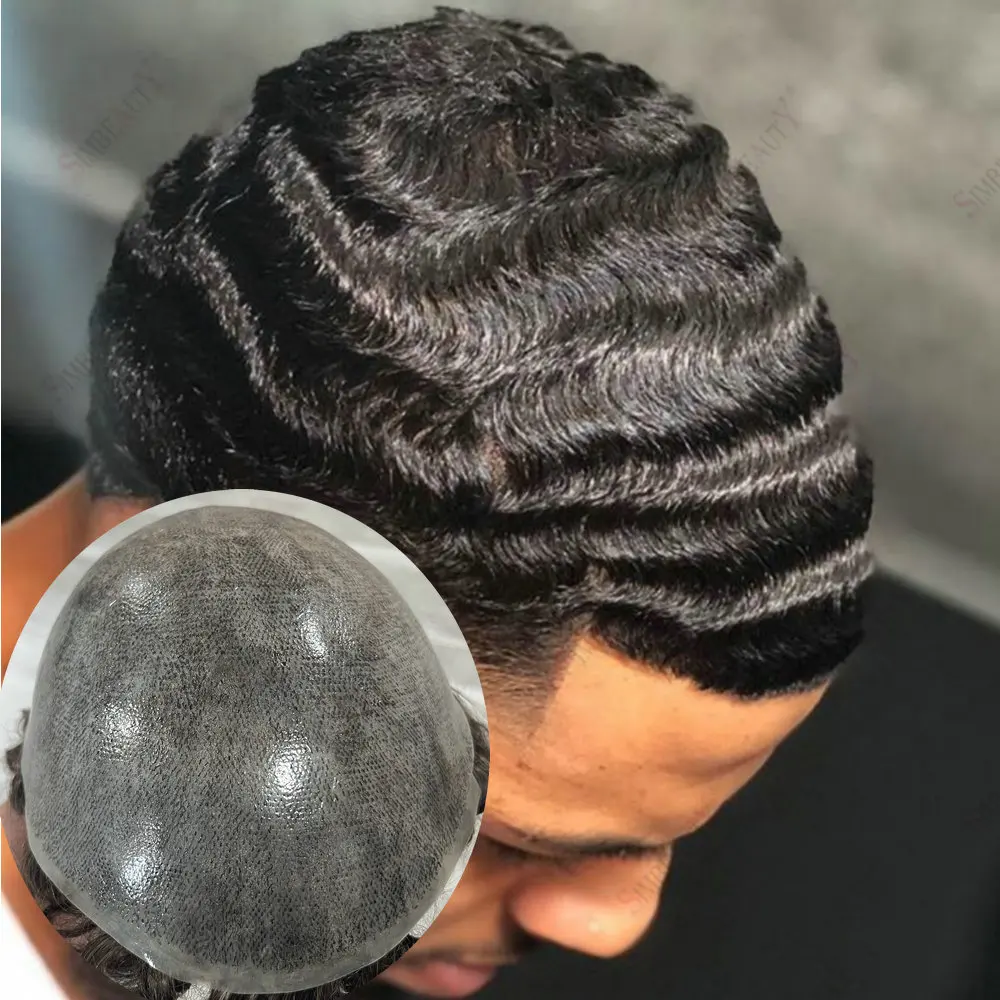 

Необнаружимый 12 мм 360 волнистый серый протез человеческих волос, капиллярный афро-черный мужской прочный парик, полная кожаная основа, шиньоны, мужской парик