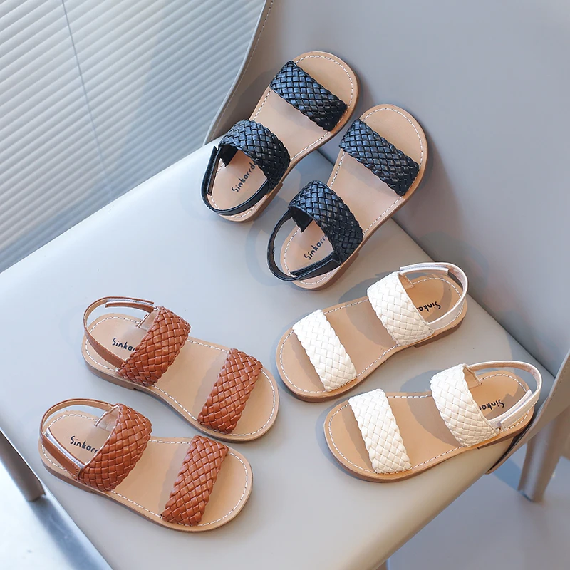 Girl's Summer Sandals Braided Light Solid Color All-match Kids Sliders Pu Leather Casual Daily Non-slip Soft Children shoe 21-35
