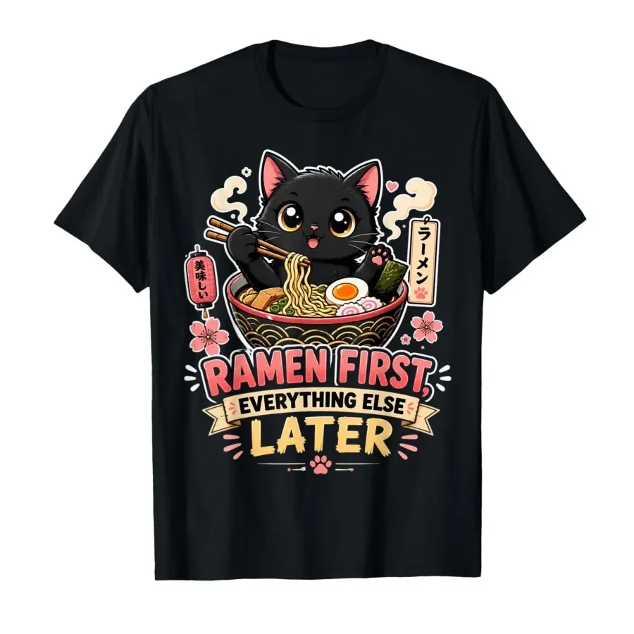 Cute Ramen Cat Lover for Anime Food Lovers T-shirt For Men Women 100% Cotton T Shirts Short Sleeve Tops 0501-3