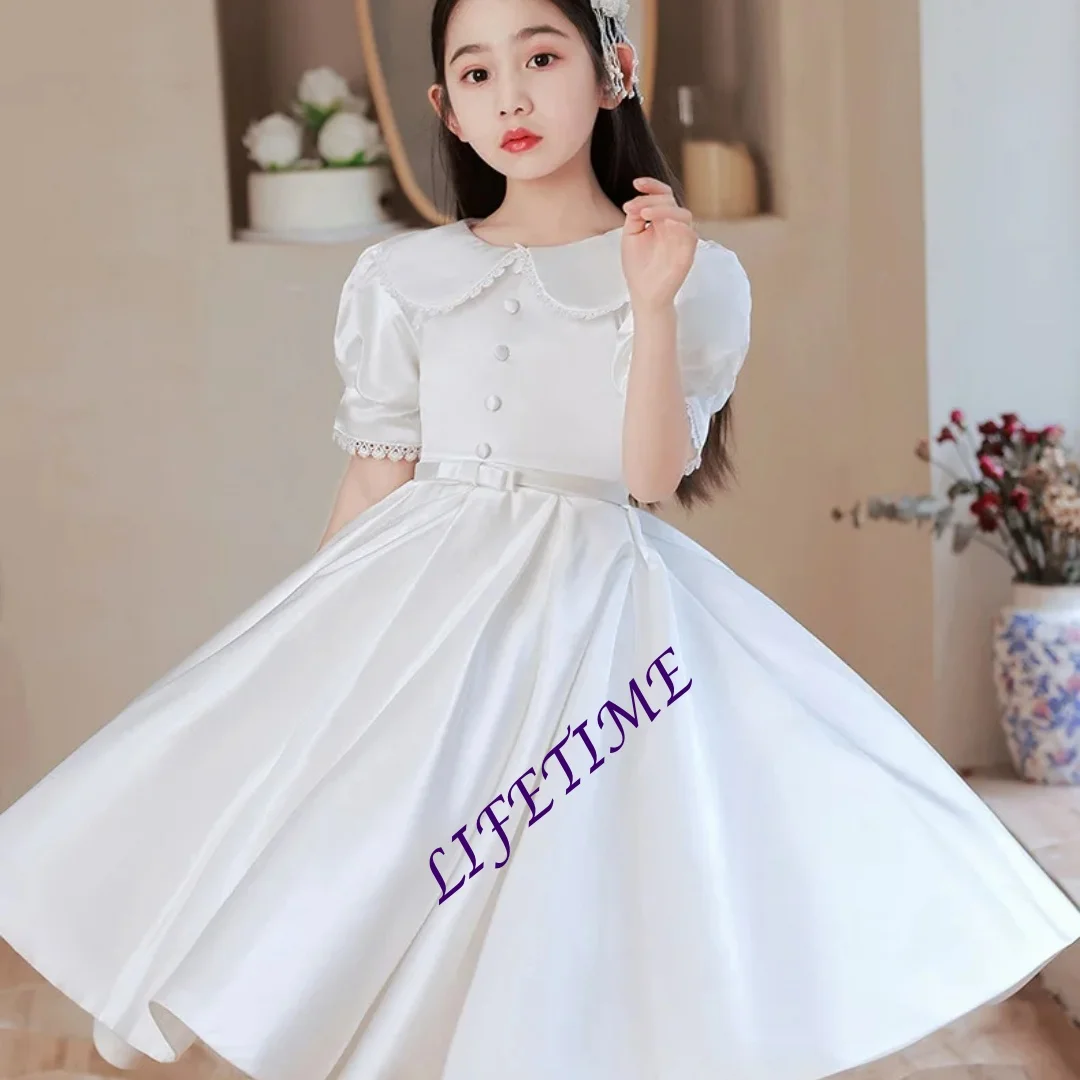 

Индивидуальное белое платье для девочки на свадьбу с воротником-стойкой, пышной юбкой, завышенной талией и плиссировкой, для малышей и детей, на день рождения, для первого причастия