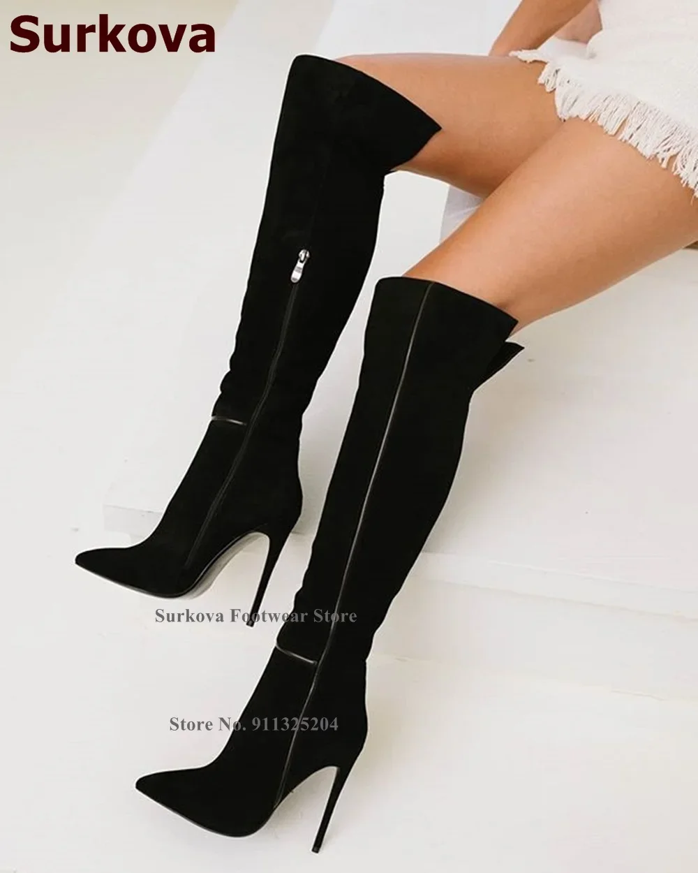 Surkova Black Suede Pointed Toe Thigh Boots Women Sexy Zipped Nightclub Dress Shoes Thin High Heel Gladiator Over The Knee Boots