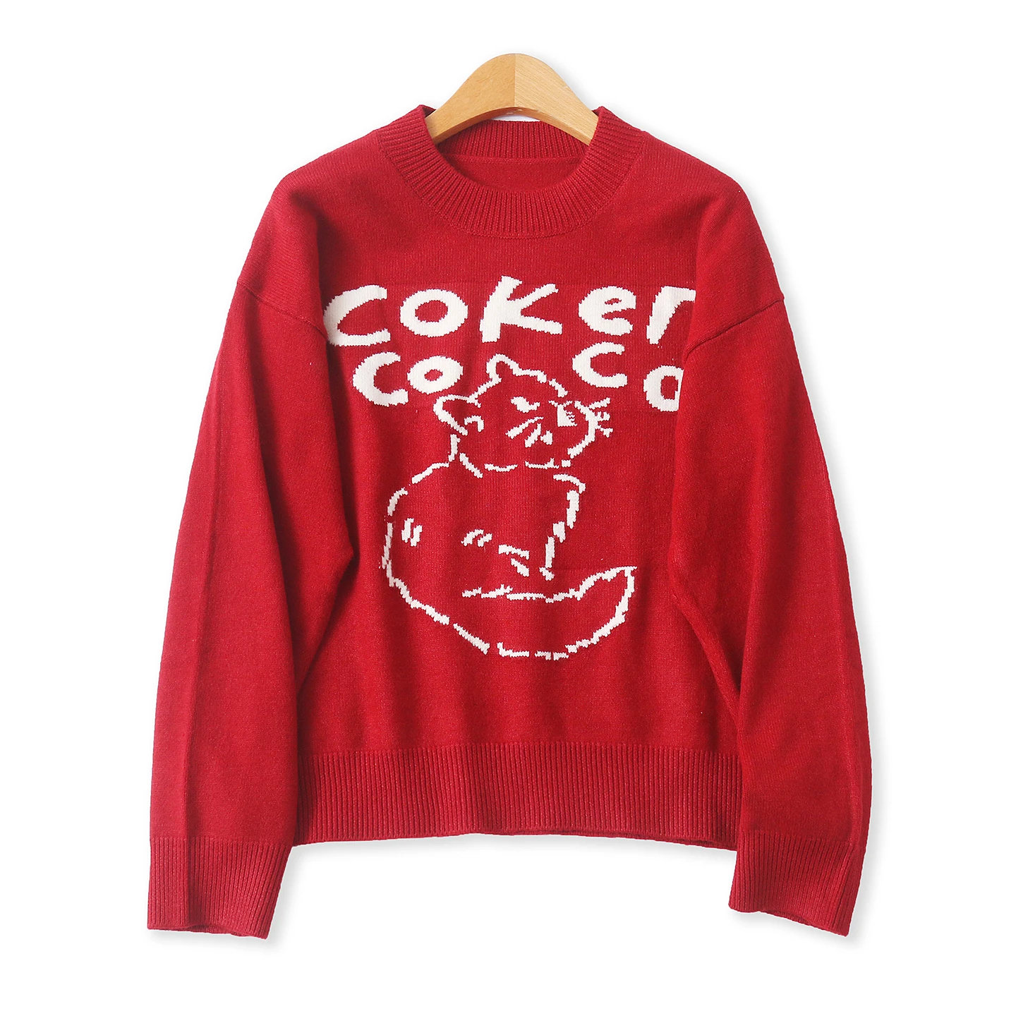 

Loose Long Sve Knitted Sweater Red Cartoon Embroidery round Ne Pullover Autumn New Sle Women's Faion Versatile Top