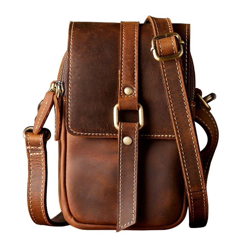 Handmade Genuine Leather Cross body Sling Bag Vintage Cowhide Leather Travel Shoulder Bag Male Casual Outdoor Activity Satchels