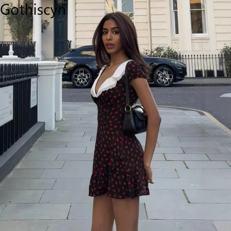Gothiscyn フレンチターンダウンカラーローズプリントドレス女性の夏のエレガントなハイウエスト A ラインショートドレス女性服