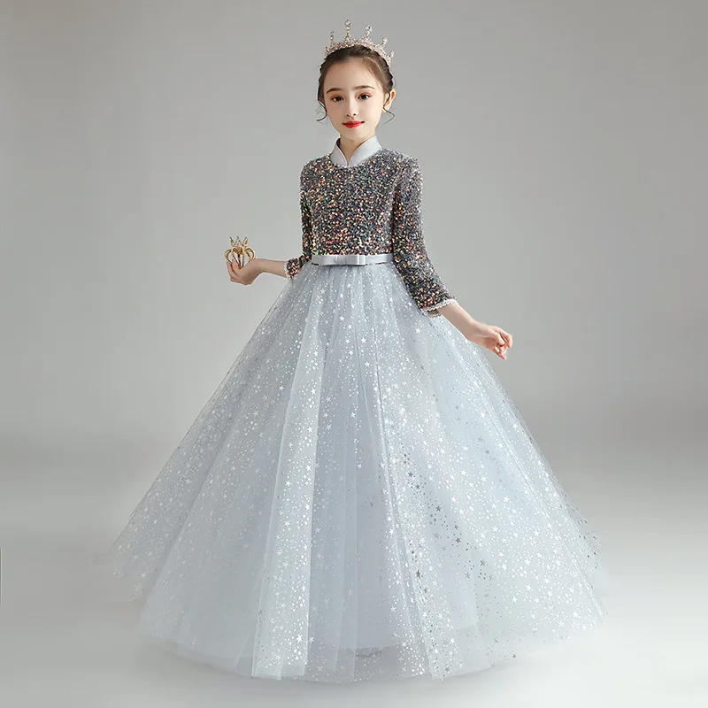 

It's Yiiya customized Flower Girl Dress Gray Sequins Modest High Collar 3/4 Sleeves A-line Floor Length Zipper Back Kids Gowns