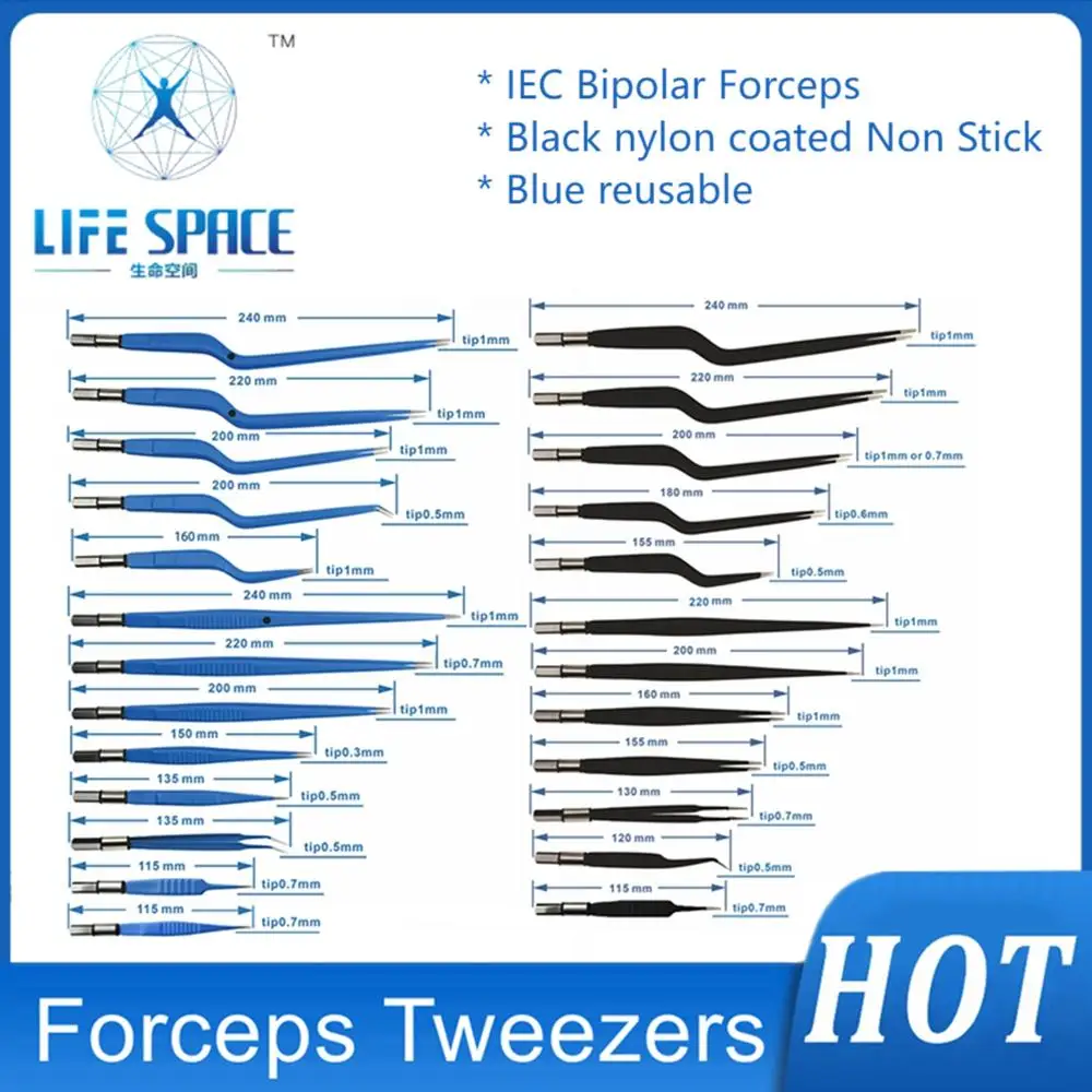 

Bipolar Forceps Tweezers Straight tip IEC for Electrosurgical unit Black nylon coated Non Stick Blue Bipolar Bayonet Clamp