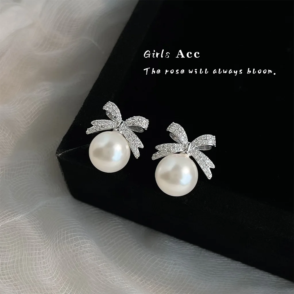 

2025 Hot Sale Bow Pearl Earrings with Micro-Inlaid Zircon French Elegance Light Luxury Fashion Korean Trendy Women Jewelry