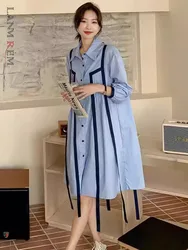 LANMREM Striped Spliced Design Fashion Women's Dress Lapel Single Breasted Contrast Color Mid Length Spring New Dresses 2AA4922