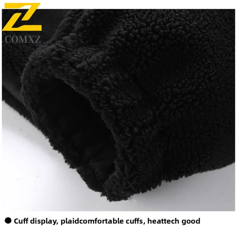 COMXZ 2025 Autumn Winter Men's Sherpa Lined Color Block Stand Collar Parka Coat Korean Style Streetwear Loose Fit Plus Size
