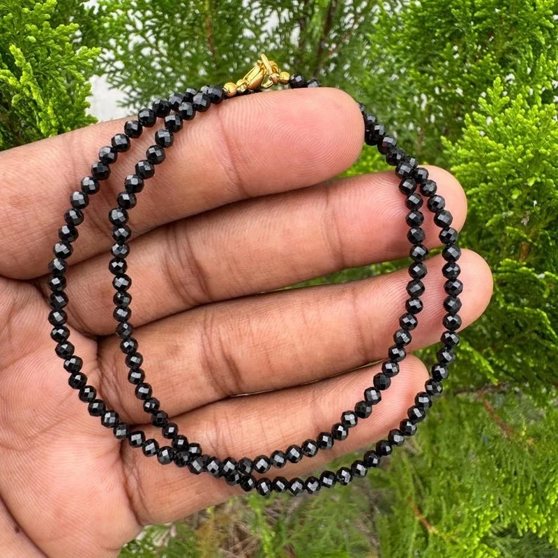 A+ Black Tourmaline Faceted Round Gemstone 2-3MM Beads Men &amp Women Necklace 18inchinch