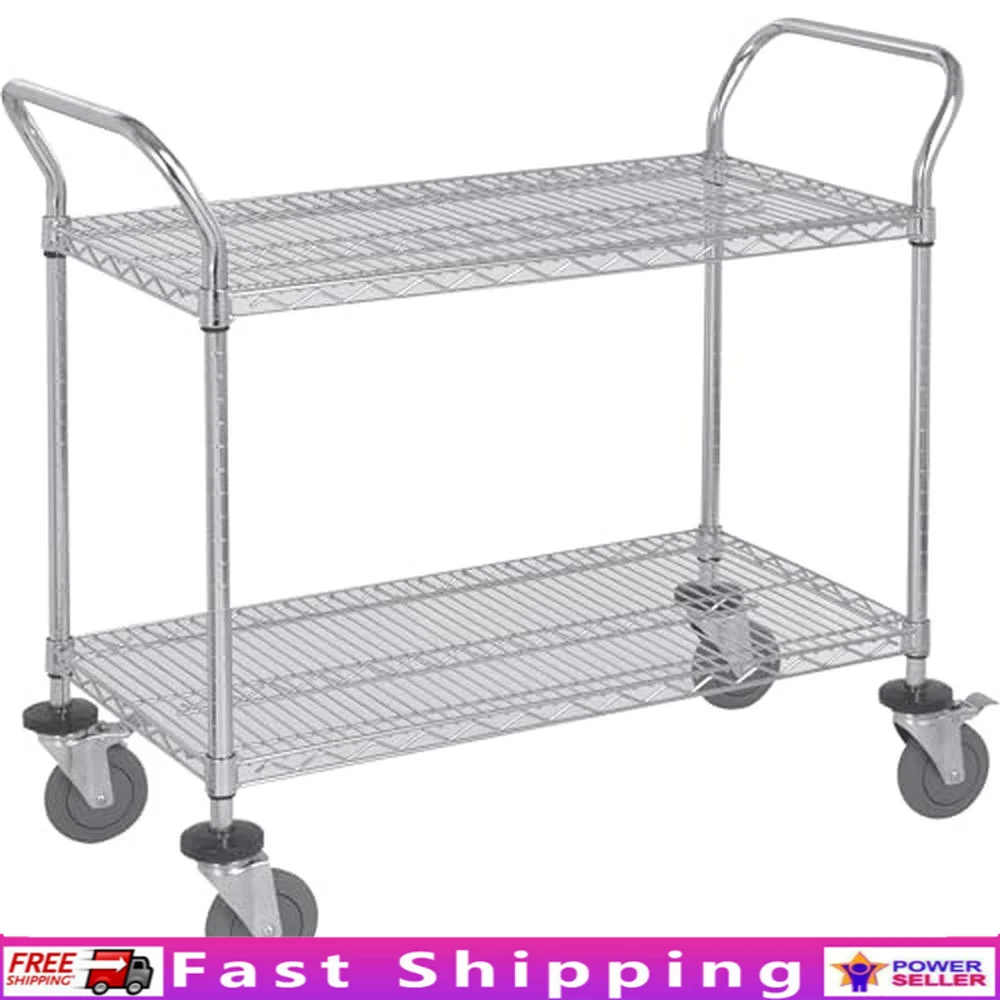 2-Tier Wire Utility Cart with Swivel Casters Adjustable Shelves Ergonomic Handles Heavy Duty Steel Storage Transport Cart 800 lb