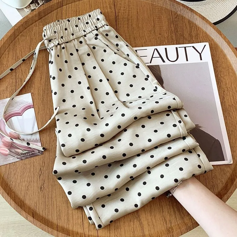 

New Summer Ice Silk Polka Dot Wide-leg Pants for Women Slimming Drape Sun Protection Cool Pants Thin Straight-leg Pants Trendy