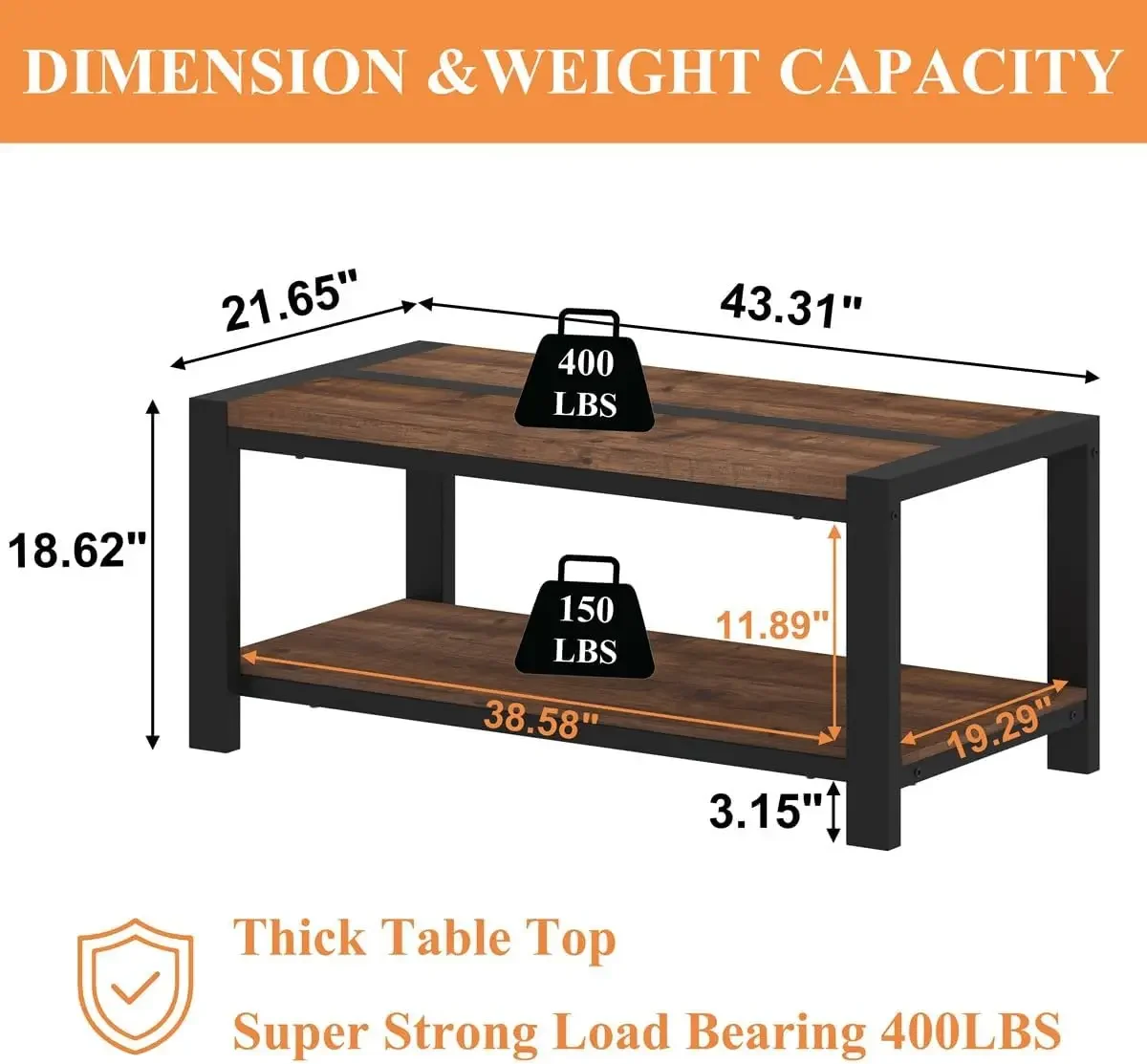 Coffee Table for Living Room, Industrial Wood and Metal Living Room Tables, Rectangular Center Table (Rustic Oak, 43 Inch)