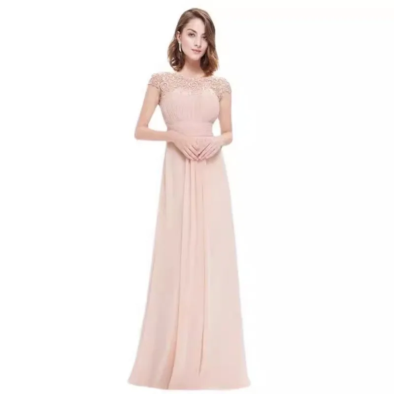 Women\'s Elegant Evening Gowns Cap Sleeve Ruched Lace Round Neck Chiffon Formal Bridesmaid Dress  for Summer