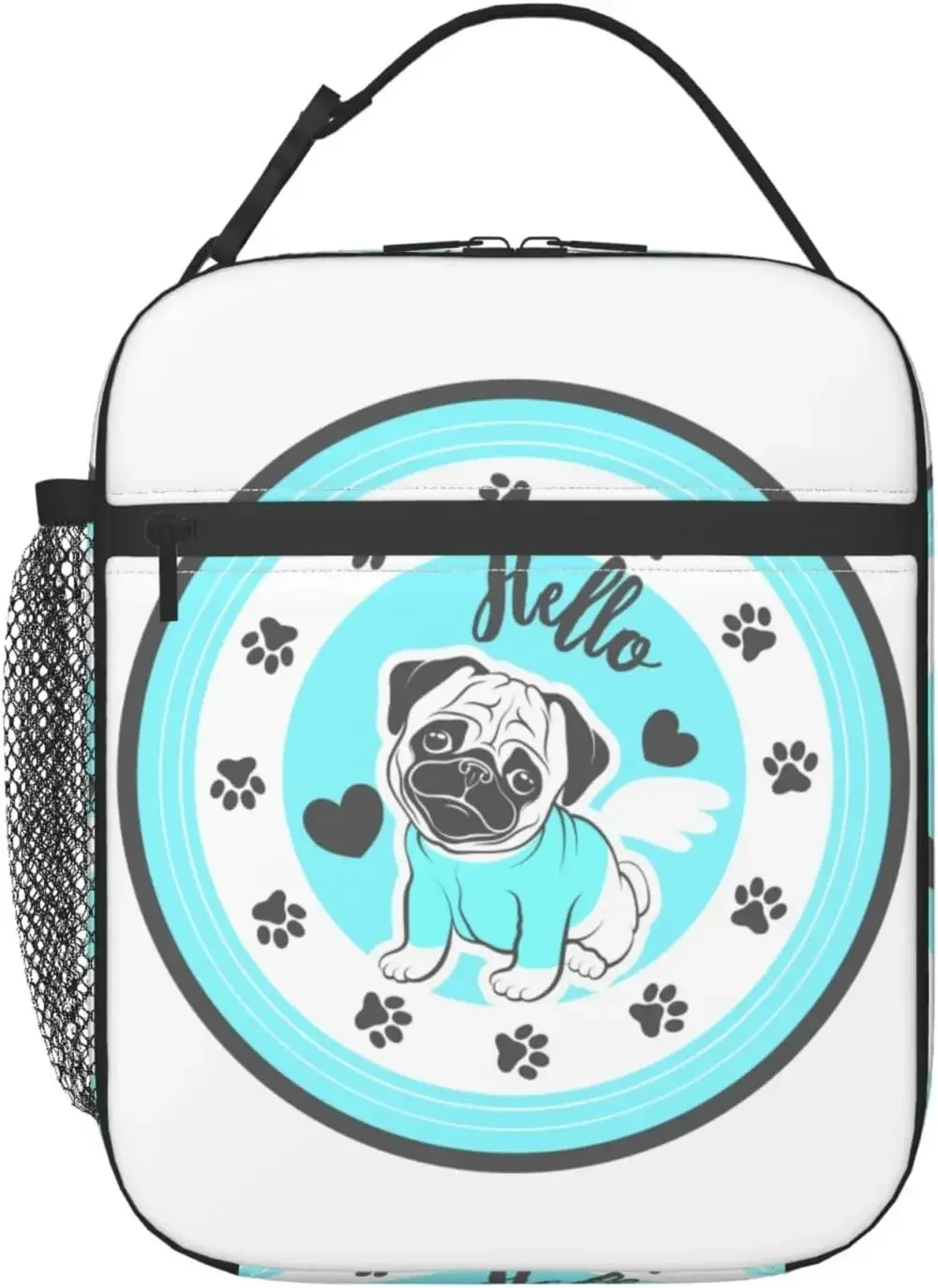 

Pug Dog Funny Lunch Bag Insulated Reusable Lunchbox Portable Cooler Lunch Tote Bag with Side Pocket For Women Men Work Picnic