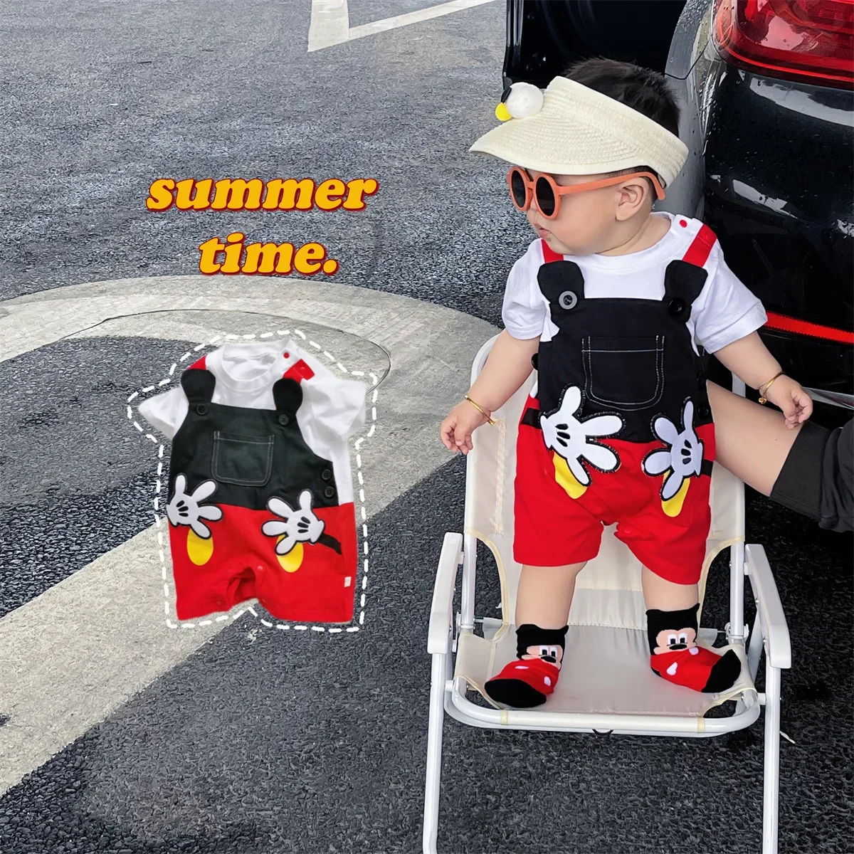 2024 New Disney Mickey Mouse Newborn Baby Clothes Summer New Cartoon Shape Palm Short-sleevesJumpsuit Fashion  Climbing Clothes