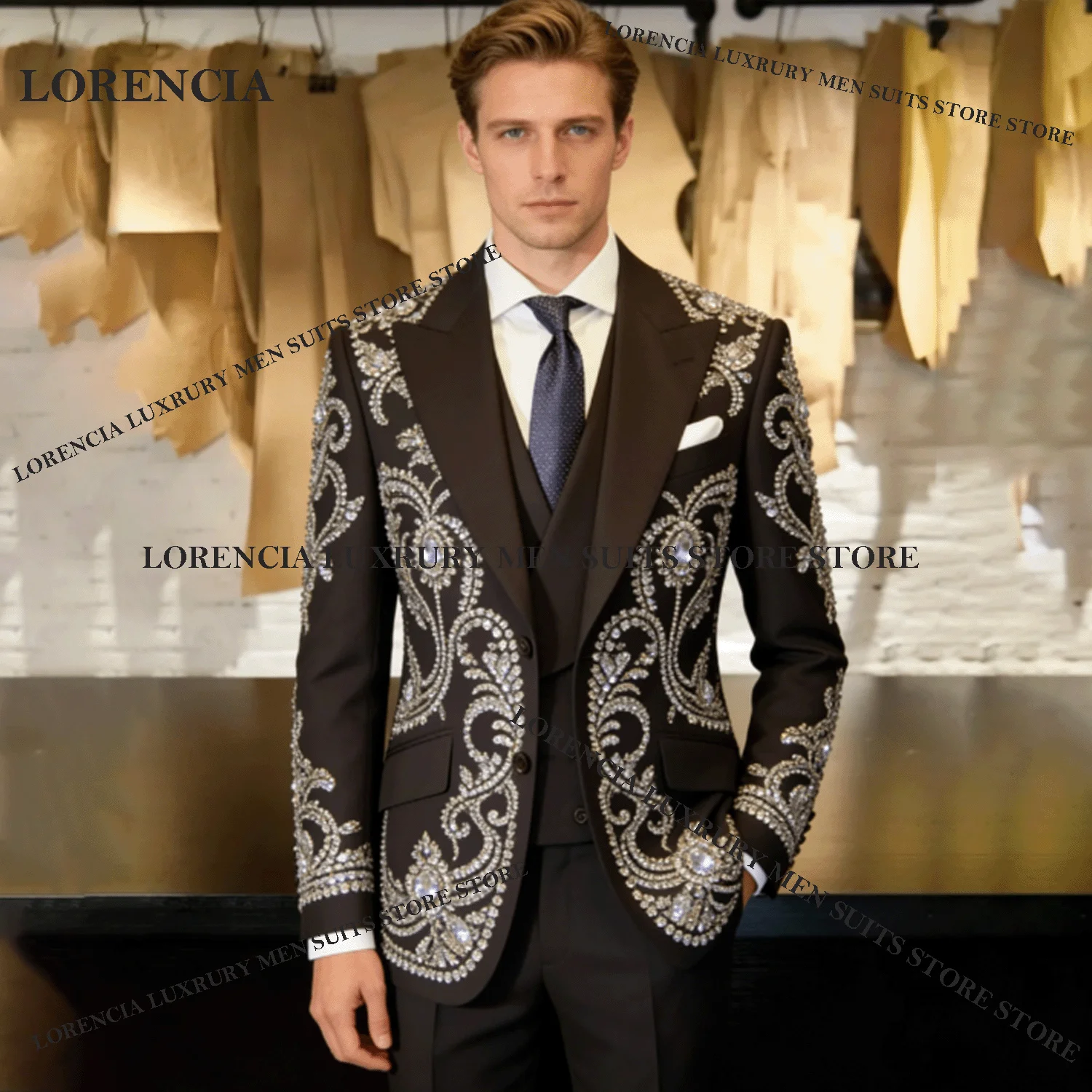 

Customized Rhinestone Men Suits Luxury Crystal Diamond Evening Ropa Blazer 3 Pieces Set Male Prom Blazer Elegant Groom Tuxedos