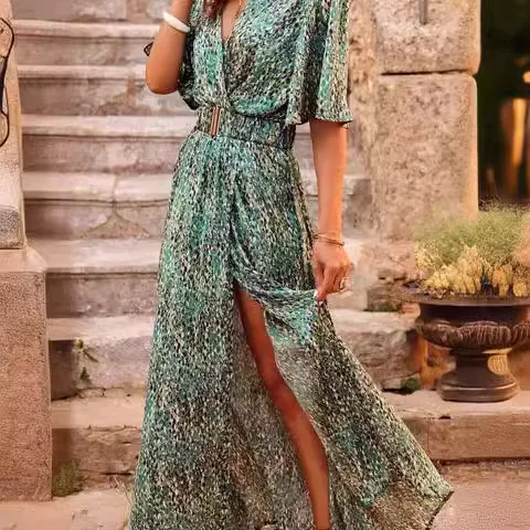 New Spring Summer Printed Dress Short-sleeved Deep V-neck Slimming Waist Mid-length Skirt Temperament Full Slit Dress