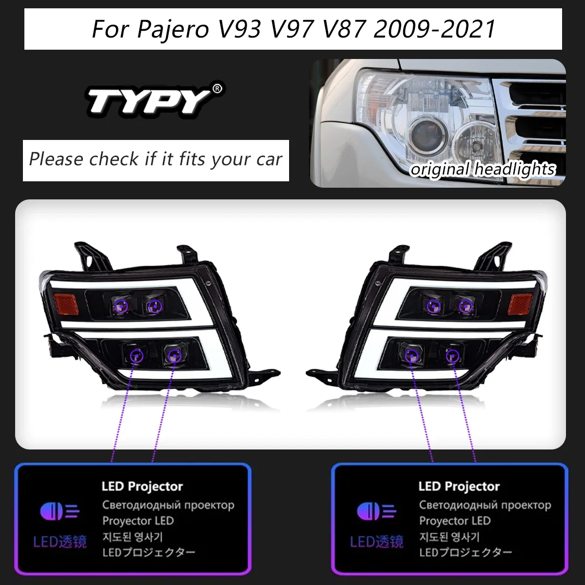 車用LEDヘッドライト,パジェロv93,v97,v87,2009-2021用ヘッドライト