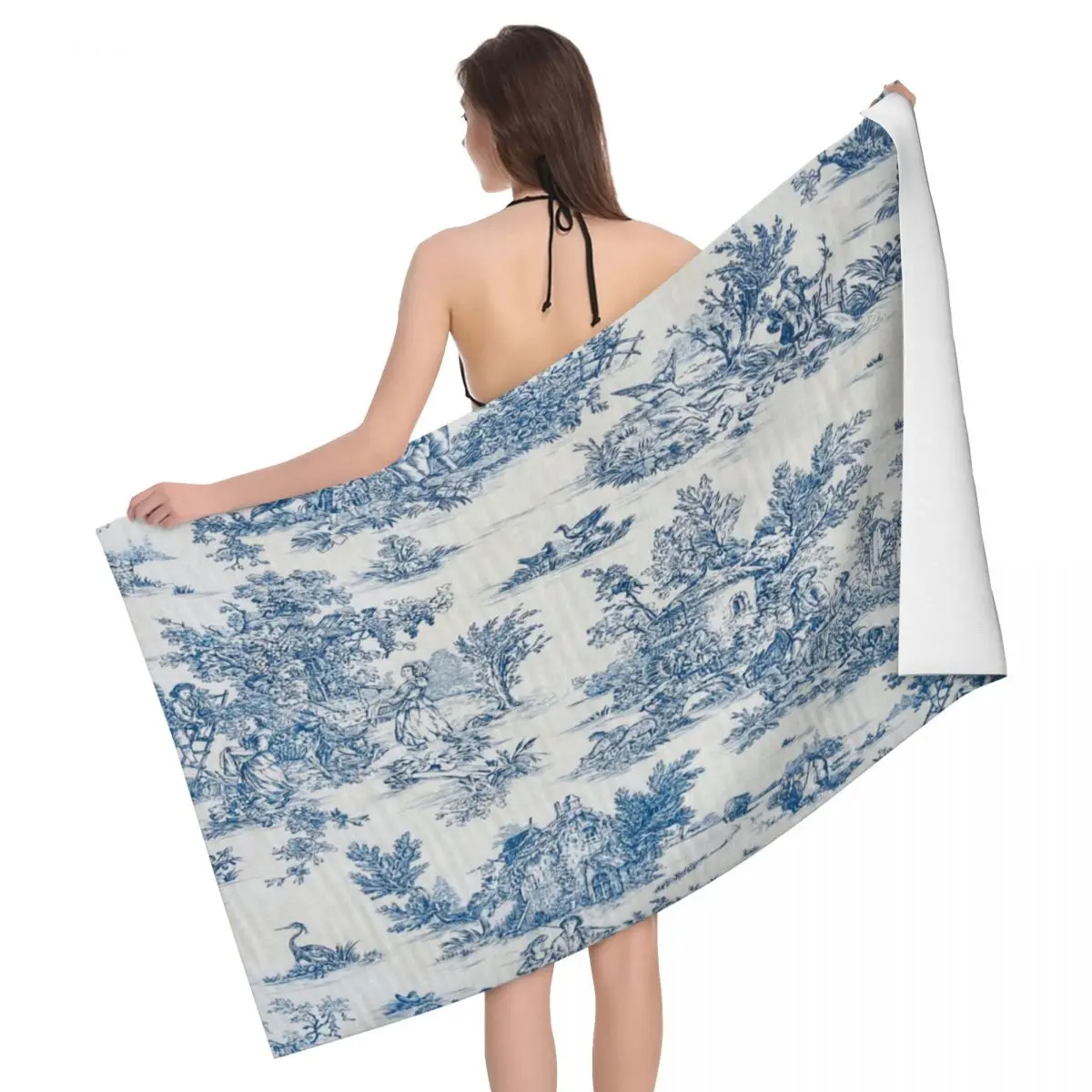 

French Navy Blue Motifs Toile De Jouy Beach Towel Quick Dry Flora Super Soft Microfiber Bathroom Sauna Towels