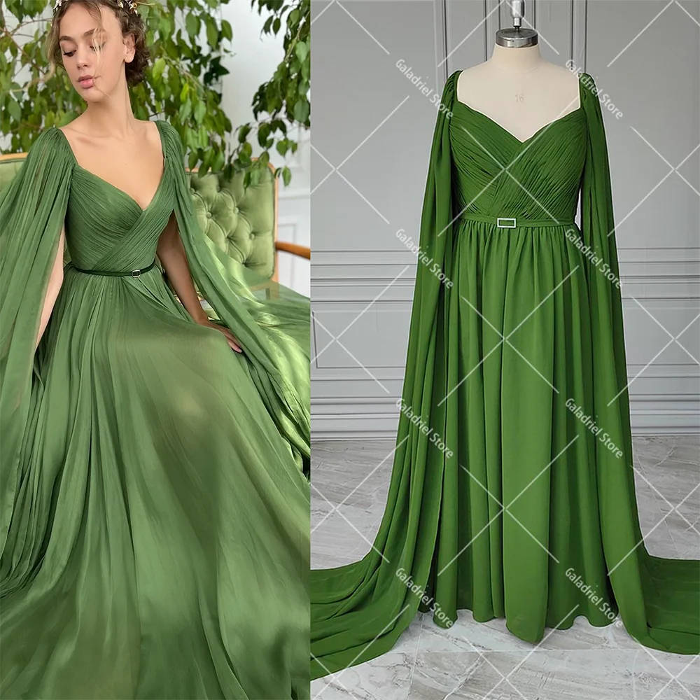 A Line V Neck Chiffon Evening Dress With Chiffon Wings High Split Ruched Top Green Backless Cinched Waist Prom Cocktail Gowns