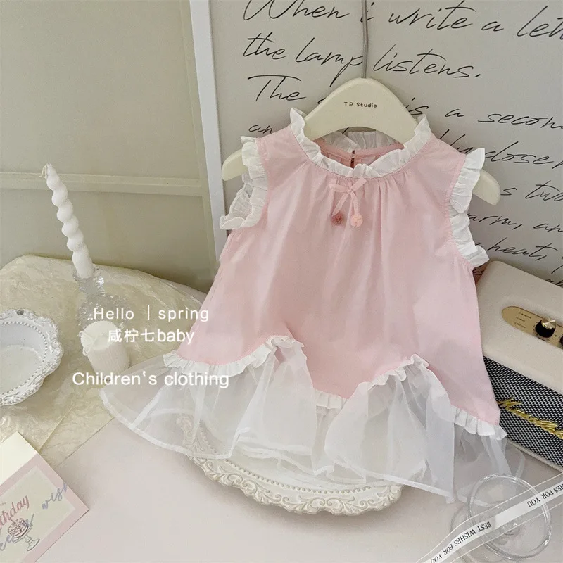 

Girl Dress Baby Girls Foreign Air Splicing Mesh Dress Girls 2024 Summer New Baby Girls Cotton Thin Sundress Pink Blue Skirt