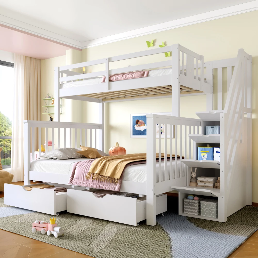 Ye Bunk Beds for Kids, Double High Sleeper Bed Frame with Storage and Guardrail, Space-Saving Design White (No Mattress)