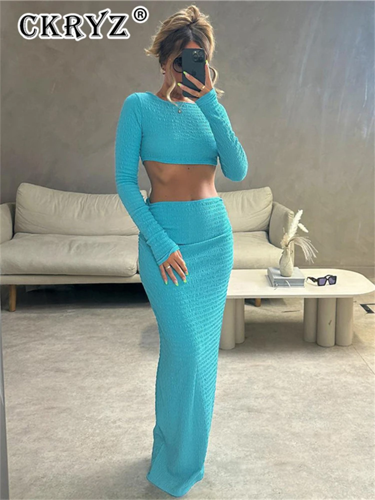 Ladies Autumn 2 Pieces Long Sleeve Crop Top And Maxi Skirt Set For Women Ruched Fashion Birthday Party Club Wear Y2K Fall Outfit