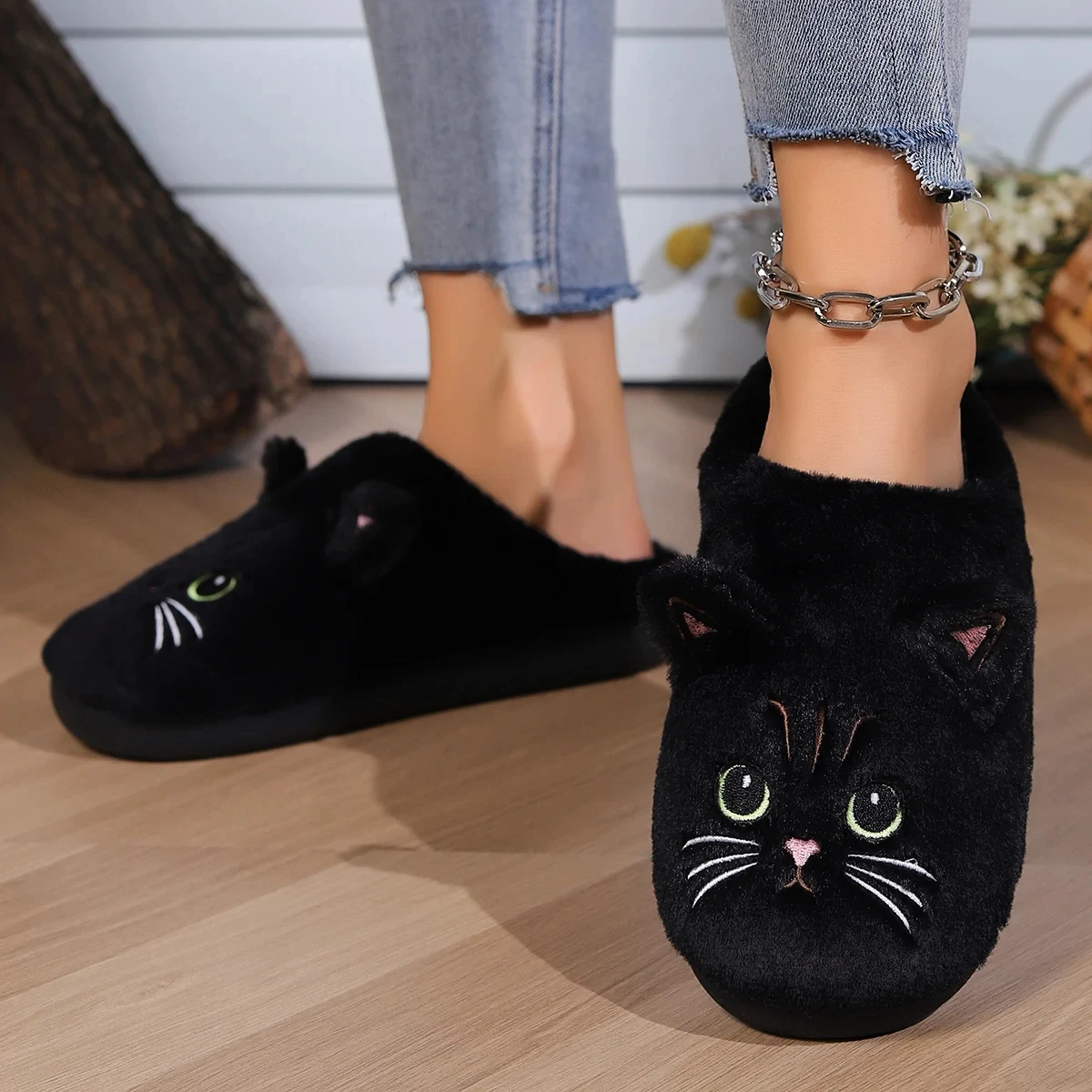 

Size 44 45 black kitty cat winter adult slippers for home women's fluffy kitten slipper unisex warm furry house shoes drop ship