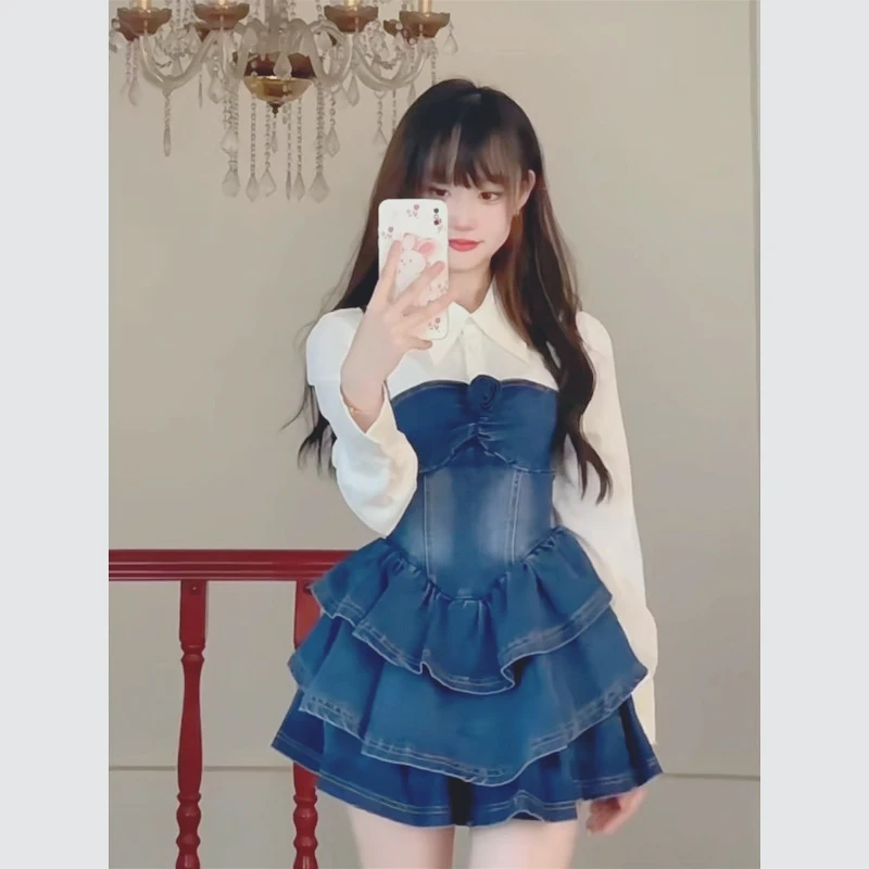 

2025 Autumn Retro Sweet and Cool Denim Suit Girly Age-reducing Versatile Shirt Suspender Fashionable Waist Cake Skirt gay