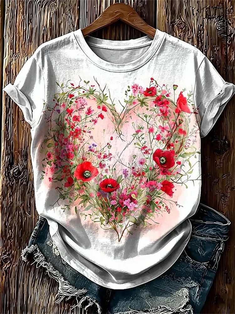 Women's Spring Summer Round-Neck Short-Sleeve T-Shirt Orange-Yellow Tie-Dye Retro Mushroom Print T-Shirt Fashionable Women's Top