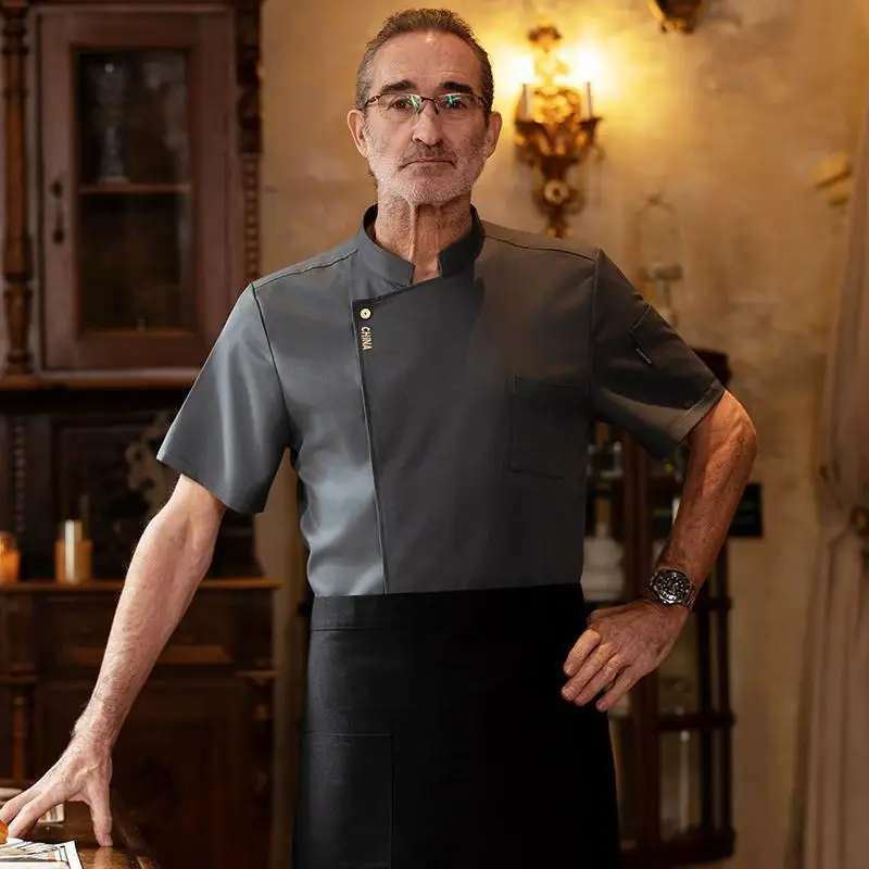 Uniforme da lavoro per chef dell'hotel, manica corta, unisex, ristorante, mensa, cucina, abbigliamento da lavoro, giacca estiva sottile da chef con stampa