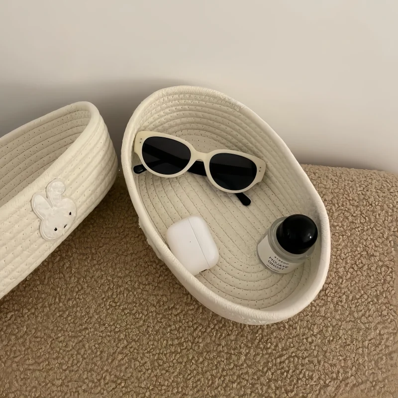 Kawaii Miffy Hand Woven Cotton Hemp Storage Basket Cartoon Rabbit Home Desktop Items Cosmetics Key Elliptical Storage Basket view 6