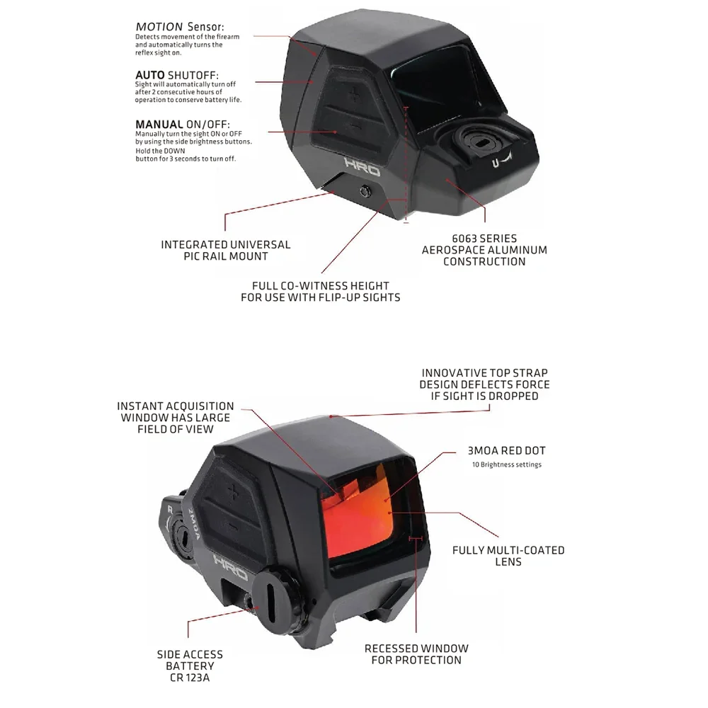 Tactical Heavy Recoil Optic HRO 3 MOA HD Holographic Red Dot Sight Motion Sensor Rifle Scopes 20mm Rail for Hunting Shooting