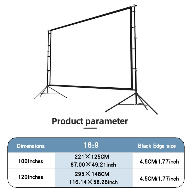 Tela de projeção de suporte triangular duplo de 60-200 polegadas 80, adequada para escritórios, casas e locais de entretenimento, uso