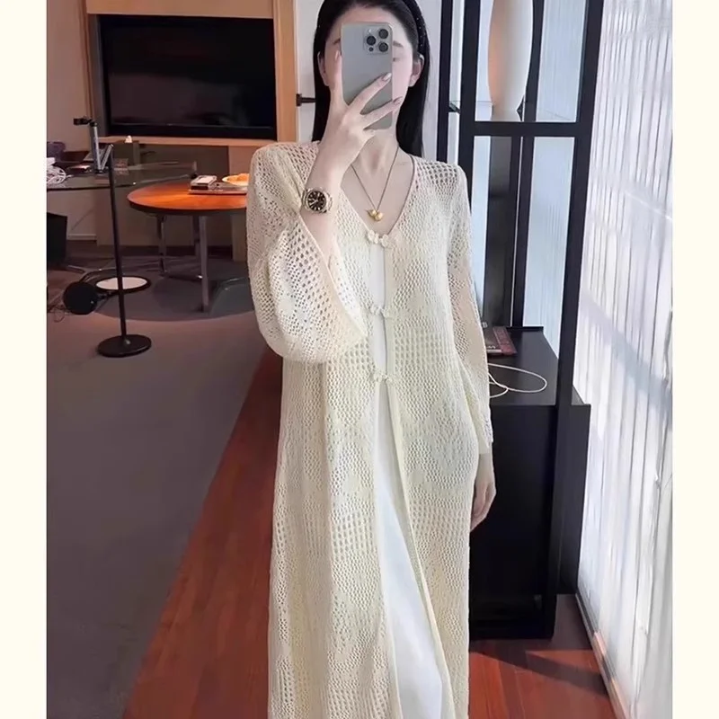 National Style Buckle Hollow Hook Flower Long Knitted Jacket Summer Gentle Temperament Sunscreen Thin Loose Cardigan w410