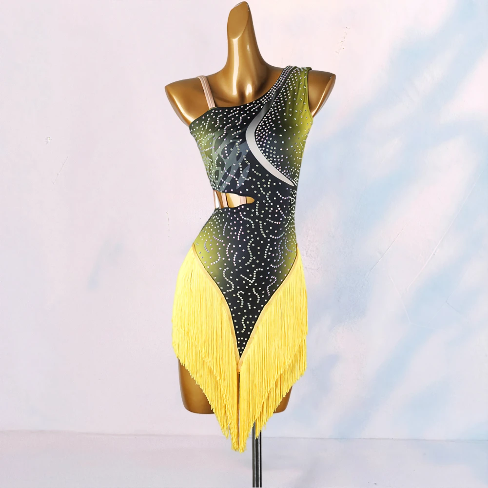 

Новое женское танцевальное платье для латиноамериканских танцев, без рукавов, на бретельках, с отделкой из страз и бахромой, цвет павлиньего зеленого и сапфирового, желтое, для лин-дэнса