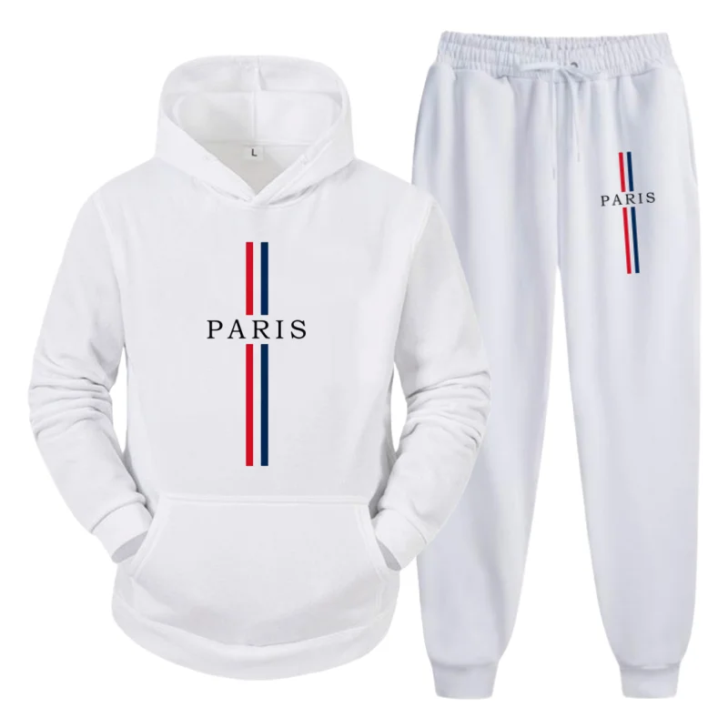 

2025 Men's Autumn/Winter Set – Hoodie & Pants with Paris Stripe Print, Urban Fashion Thermal Fleece Casual Suit